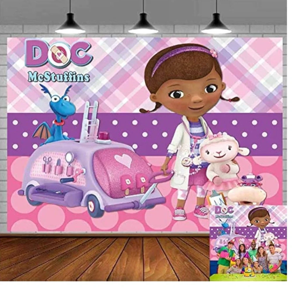 Doc McMuffin backdrop,7 x5, for birthday celebration pink, purple & brown